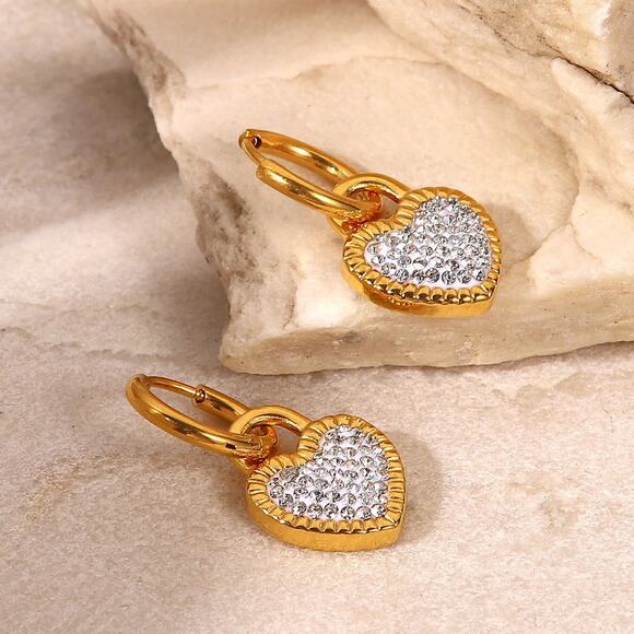 White‎ Heart Pendant Zircon Hoop Earrings - 18K Gold Plated Stainless Steel - Picture 5 of 8